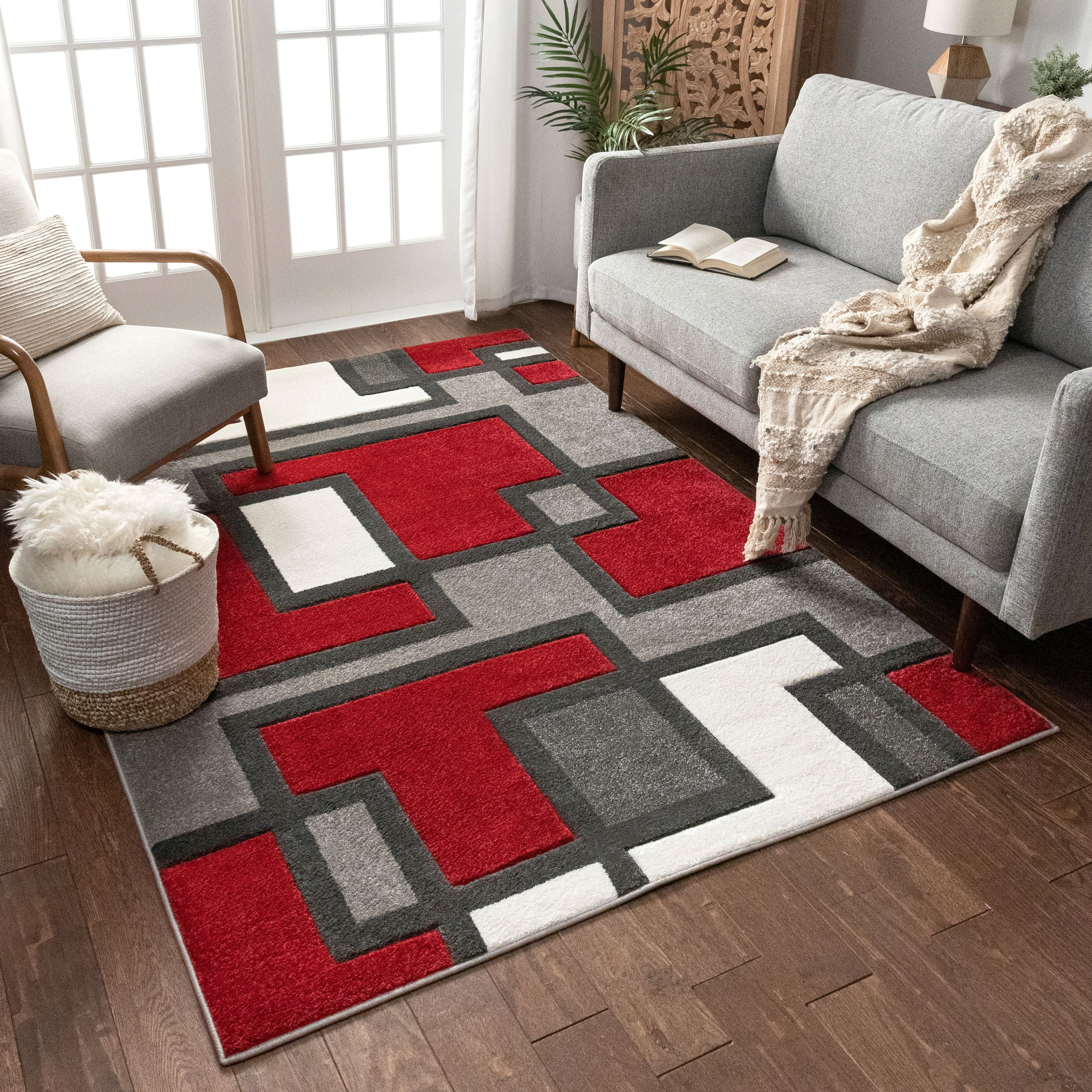 Uptown Squares Red & Grey Modern Geometric Comfy Casual Hand Carved Area  Rug 4x5 4x6 ( 3'11