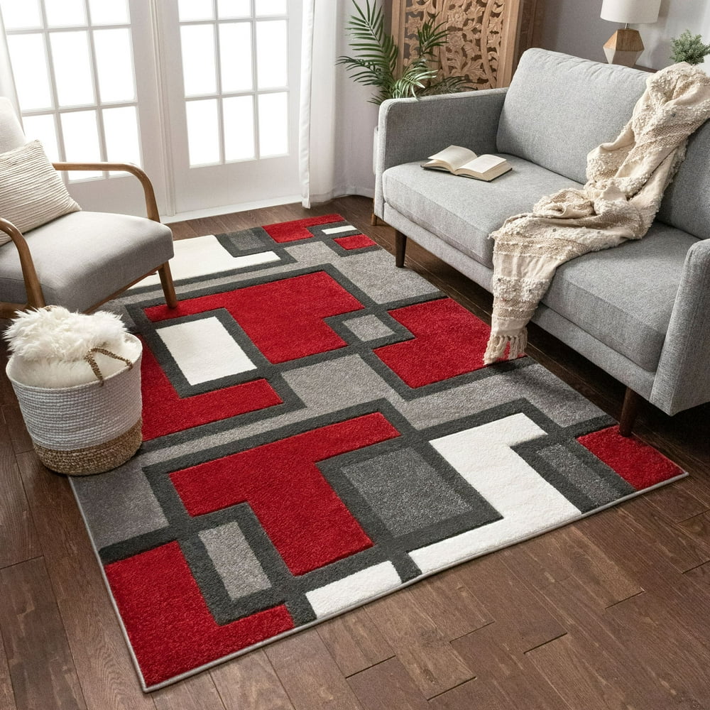 Uptown Squares Red & Grey Modern Geometric Comfy Casual Hand Carved