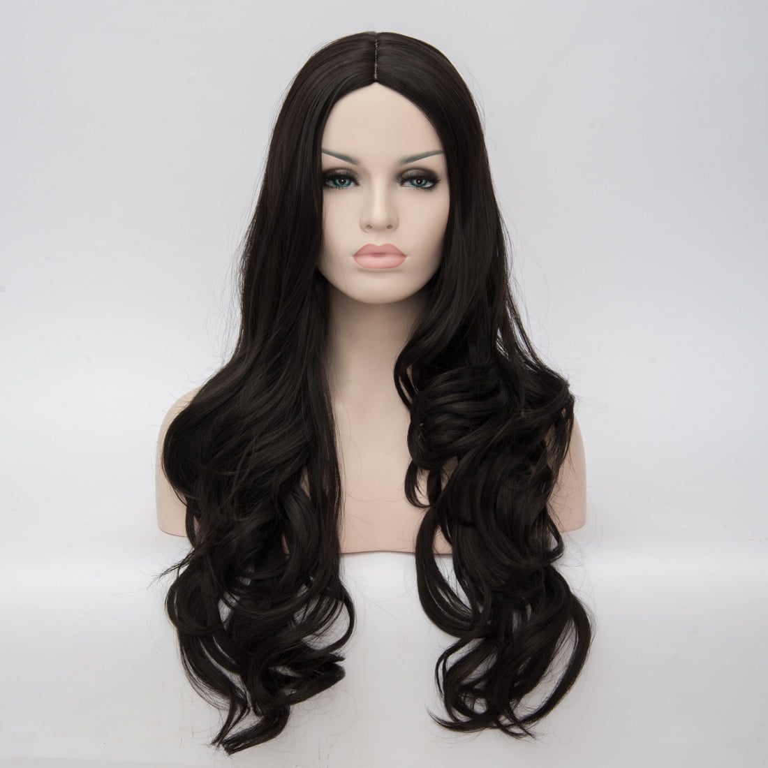 Perruque Synthétique Longue Bouclée Brun Foncé - Bonnet Moyen, Monofilament, +4 Bonnets Offerts