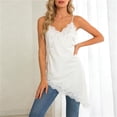 thumbnail image 2 of Women's Lace Embellished Tops Satin Spaghetti Strap Deep V Neck Tank Top Asymmetrical Hem Soft Daily Going Out Summer Camisole, #02 Beige, XL, 2 of 7