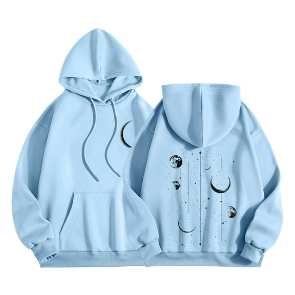 YUGYXL Womens Graphic Hoodies Drawstring Long Sleeve Star Print Sweatshirt Pullover Fall Tops Fashion Blouse Light Blue M