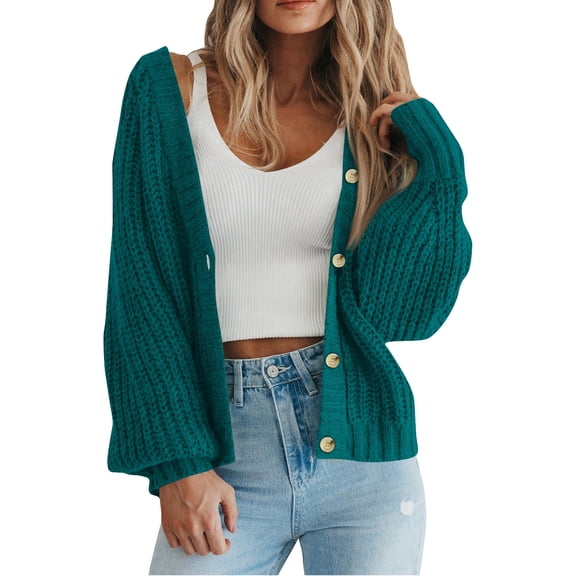 purcolt Women's Chunky Knit Sweater Open Front Cropped Cardigan Sweaters Puff Long Sleeve Button Loose Cardigan Outerwear Coats
