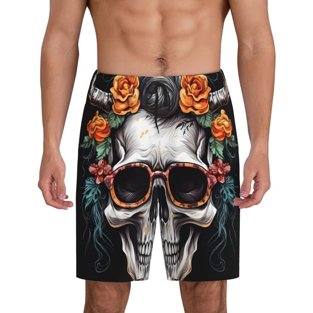 Fotbe Flower Horn Skull A Pantalones Cortos de Pijama para Hombre, Ropa de Dormir, Pantalones de Pijama Cortos para Hombre-Medium
