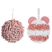 Unique Bargains Chenille Ball Hand Towel 2 Pcs Dark Pink/Pink 6" x 6"/7" x 7"