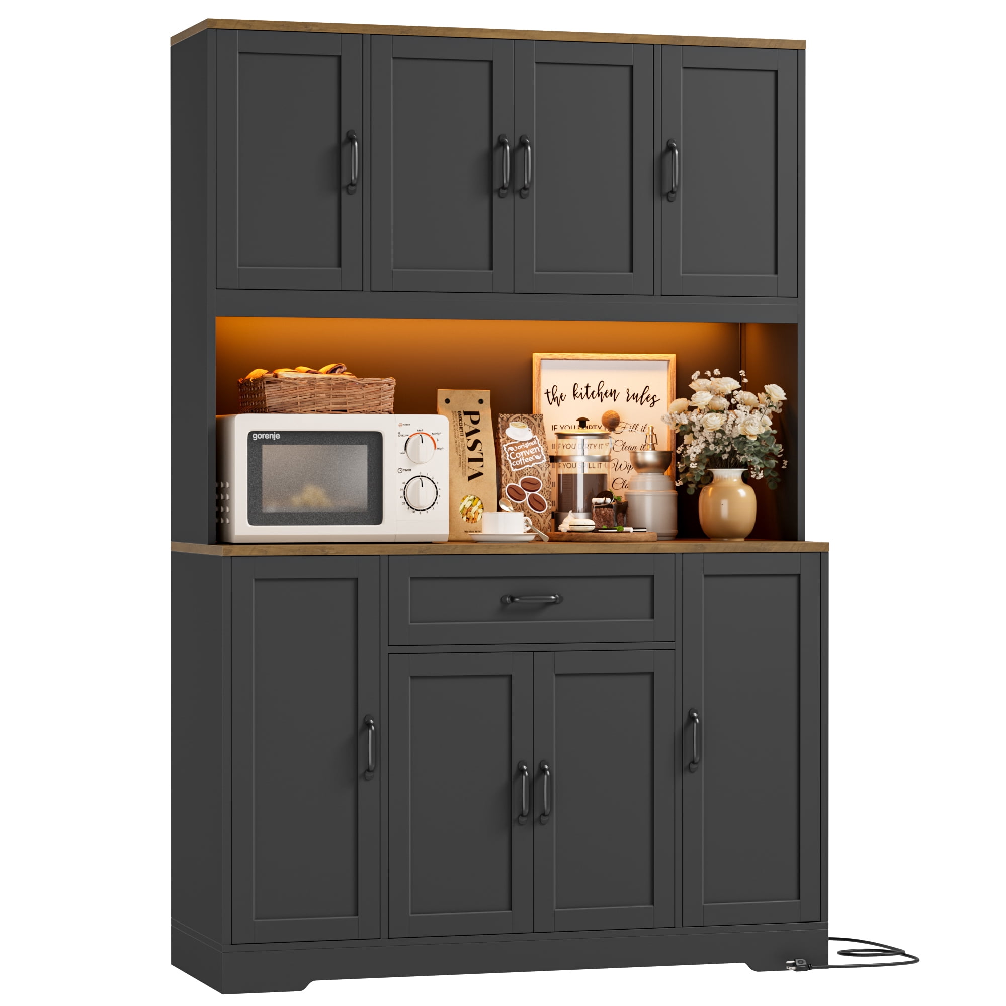 Homfa 70'' Tall Kitchen Pantry Cabinet with Charge Station & Led Light, 8 Door Hutch Storage Cabinet with Storage Drawer & Adjustable Shelves & Microwave Stand, Black