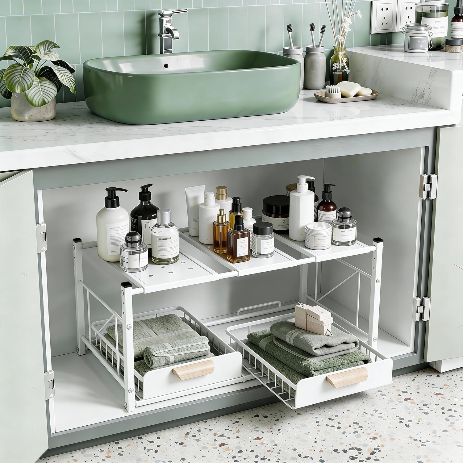 2 Tier Under Sink Organizer and Storage, Expandable Length 21.5"-31.8", Height Adjustable, 2 Sliding Drawers & Movable Top Shelves, for Bathroom & Kitchen, White