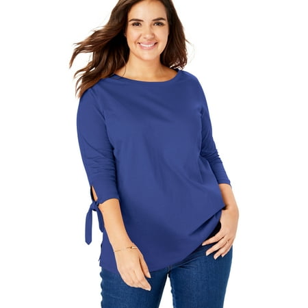 Woman Within Women's Plus Size Perfect Three-Quarter Tie-Sleeve Tee