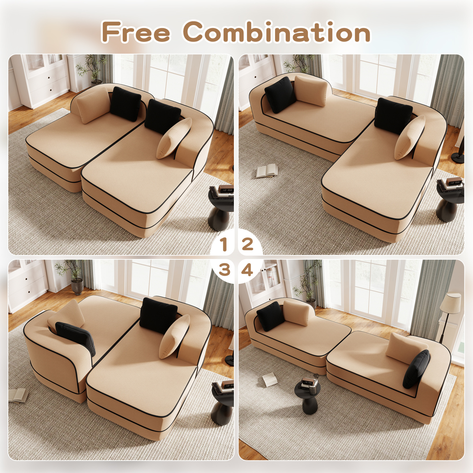 77.2" Teddy Fabric 32D Boneless Sofa,Modular Sectional Sofa with Curved Armrest,Contrast Color Design with Pillow,Fluffy Comfy Couch with L Shaped Chaise,for Living Room,No Assembly Required,Camel