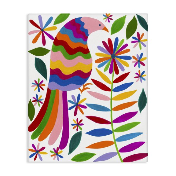 Stupell Industries Bohemian Folk Art Style Rainbow Feathered Bird and Daisy Flowers Canvas Art, 16 x 20, by Regina Moore