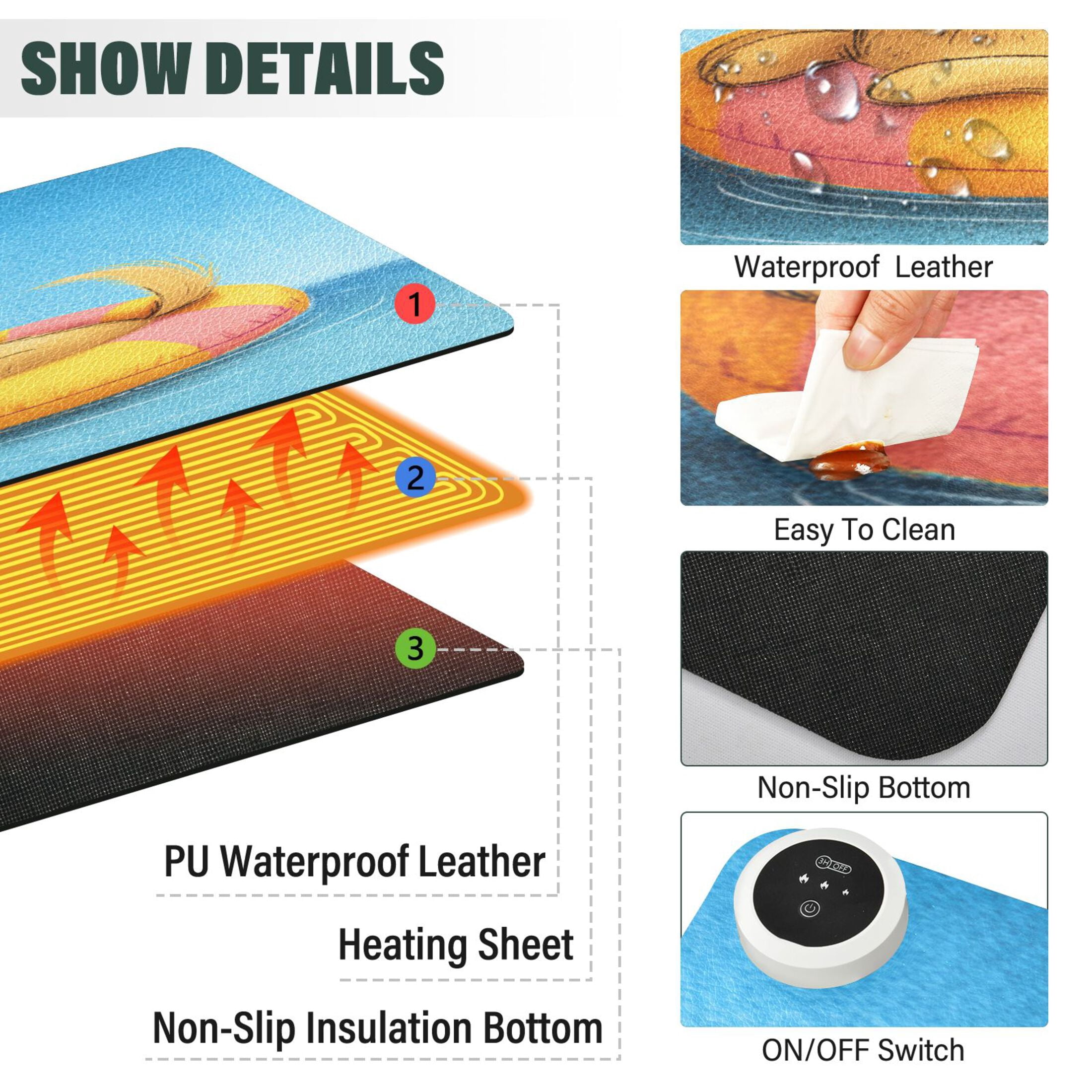Large Heated Desk Mat Mouse Pad 31.5"x13"PU Leather Graphene Heating Desk Warmer with 3 Temperature Settings 110V US Plug Non-Slip Warm Pad for Home, Office, and Gaming Heart Glasses Dog Pattern