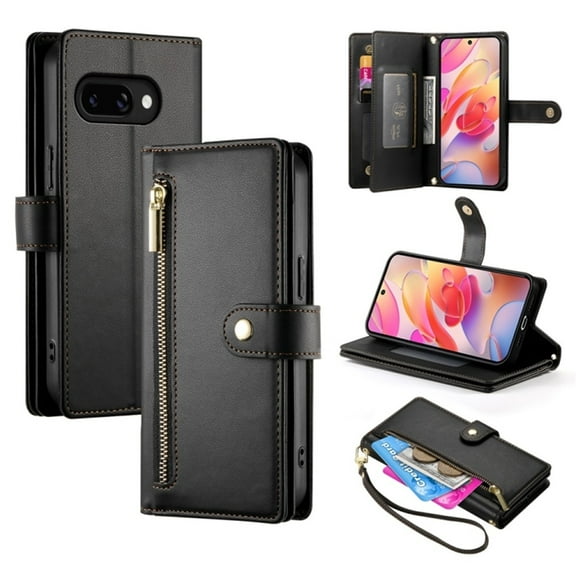 For Samsung Galaxy A26 5G / A16 / A17 4G 6.7-inch Wallet Case for Women Men Multi-Card Slots Zipper Pocket Lanyard Strap Wristlet Leather Phone Case,Black