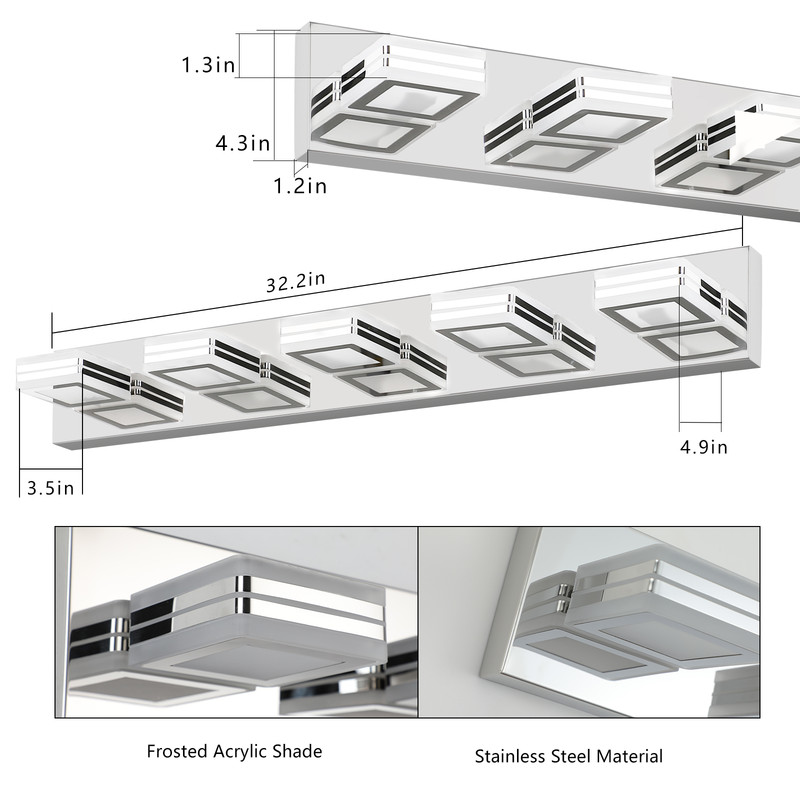 32" Modern Chrome 5-Light LED Vanity Light with Square Acrylic Shades, Hardwired Wall Mount Bathroom Lighting Fixture for Mirror, Powder Room, or Bedroom Décor