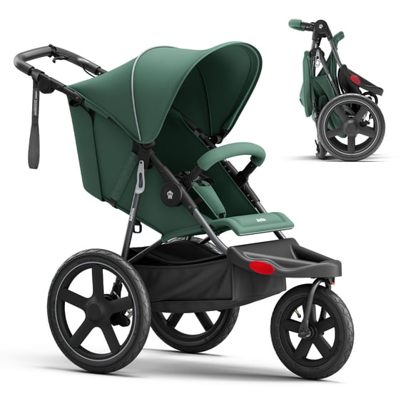 Mamazing Jogging Stroller, Foldable All-Terrain 12/16in Air Tires, Disc Hand and Foot Brakes, Magnetic 5-Pt Harness for Baby and Toddler,Green