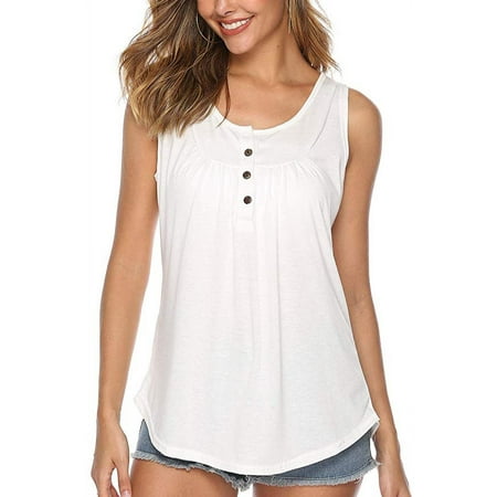 Women's Summer Sleeveless Button Up Casual Loose Tank Shirts Blouses