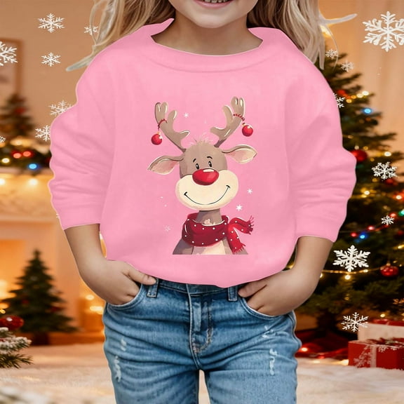 Print Girls Long Sleeve Crewneck Sweatshirt Cozy Pullover Top For Holiday Season (Pink 9-10 Years)
