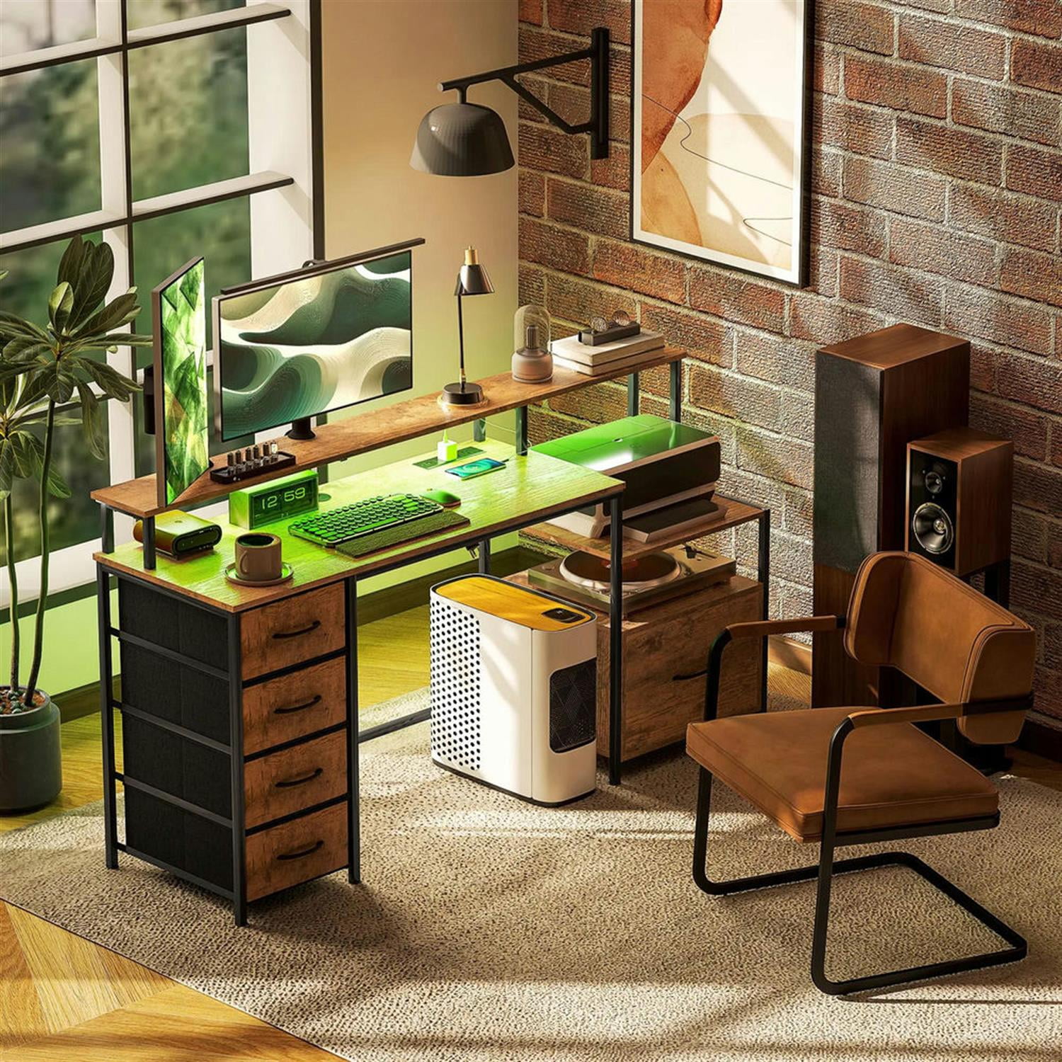 Demi Bonn 67" Office Desk with LED Lights and Power Outlets, Home Computer Desk for Living Room, Office, Study Table PC Desks, Brown