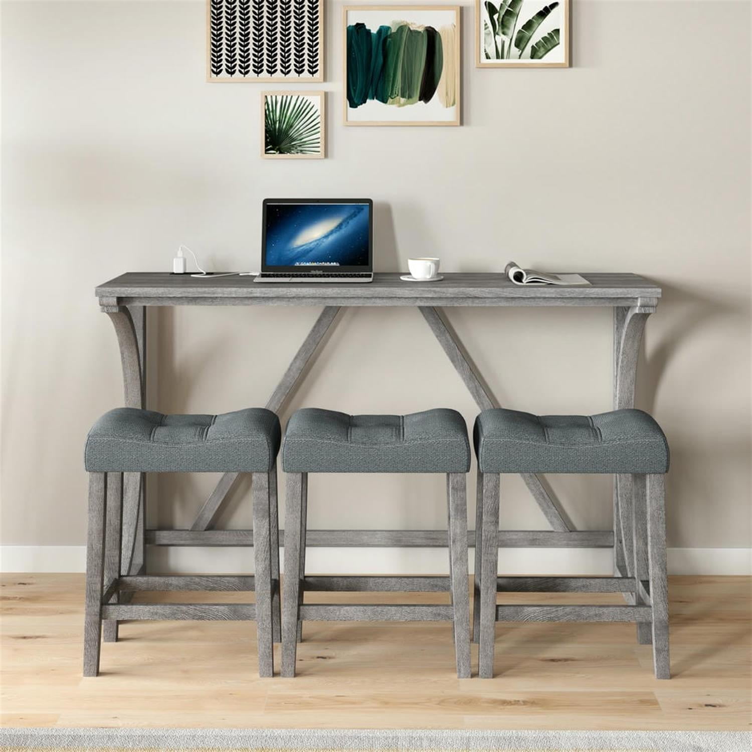Demi Bonn 4-Piece Dining Table Set with 3 Upholstered Bar Stool and Power Outlets,dustrial Kitchen Bar Table Furniture Sets for Living Room, Apartment, Gray