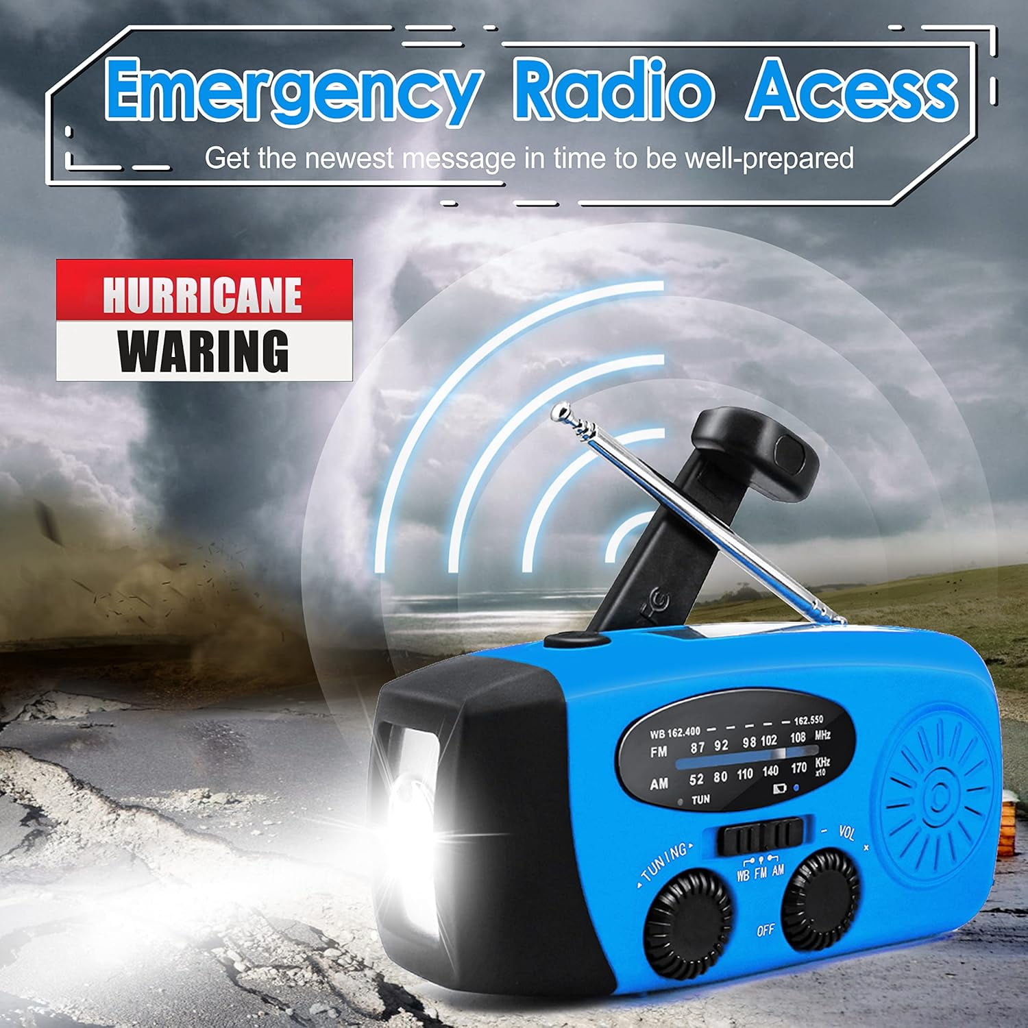 NOAA Emergency Hand Crank Radio - Solar/USB Powered with 2000mAh Power Bank & LED Flashlight, Portable Weather Radio for Camping & Disaster Preparedness