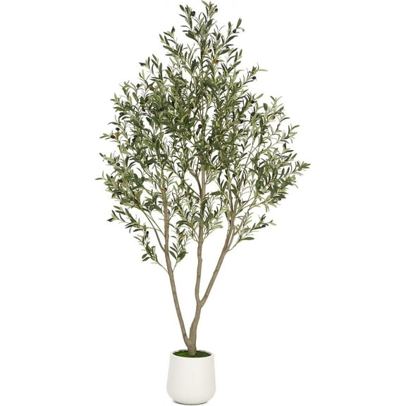 7FT Tall Faux Olive Tree with White Tall Planter, Artificial Plants with Natural Wood Trunk and Lifelike Fruits for Home Office Decor
