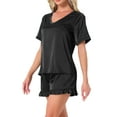 thumbnail image 4 of Conjunto de pijama de satén para mujer INSPIRE CHIC, camisetas de manga corta con pantalones cortos con volantes, ropa de casa XS negro, 4 of 6