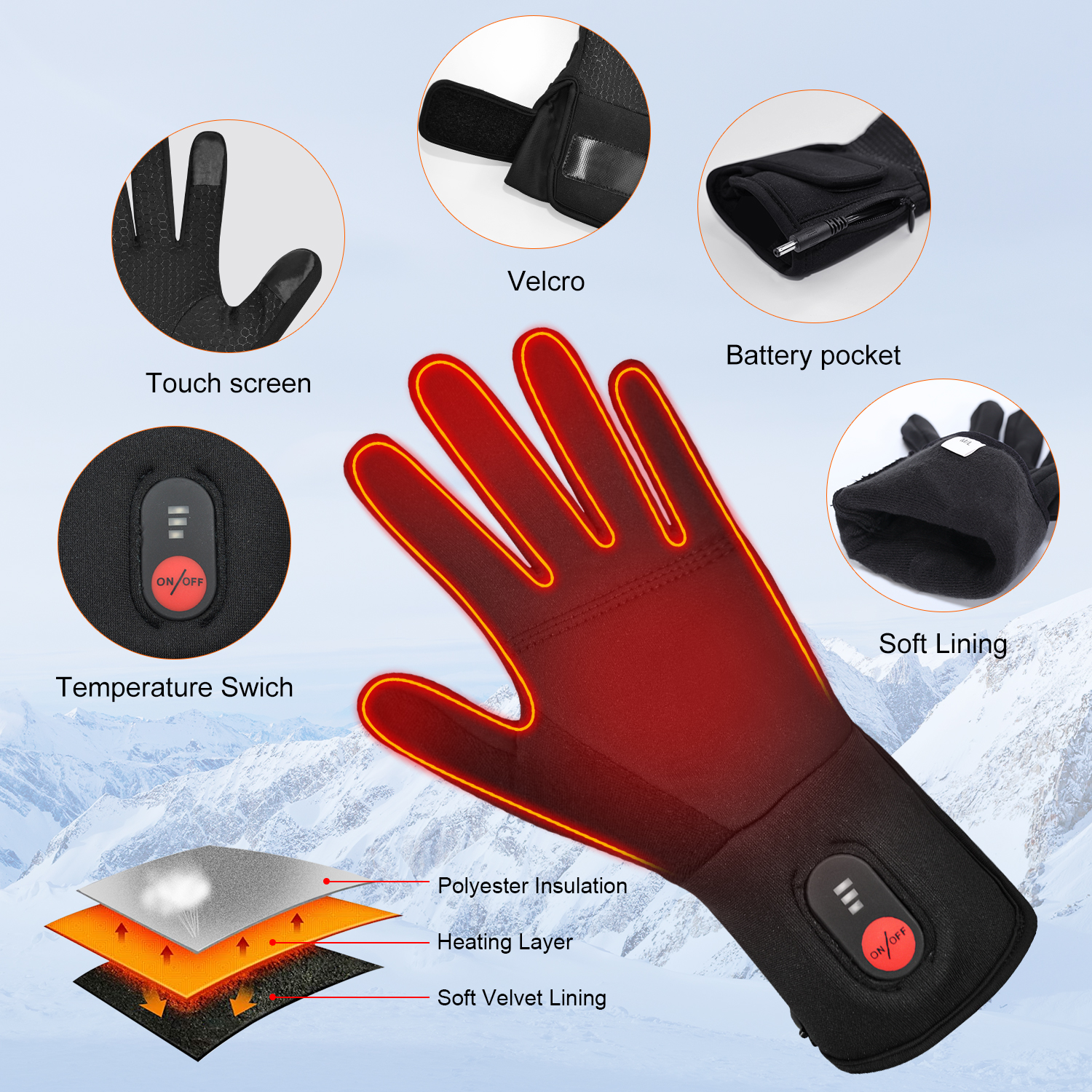 Touch Liners Heated Gloves for Men Women Hand Warmer Rechargeable Electric Battery Ski Snowboarding Hiking Cycling Hunting Thin Gloves