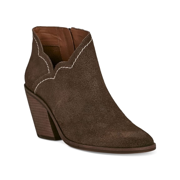 LUCKY BRAND Womens Brown V-Notch Scalloped Lakelyy Almond Toe Stacked Heel Zip-Up Leather Booties 8.5 M