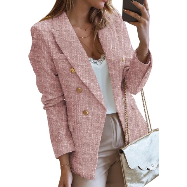 Womens Double Breasted Tweed Blazers Casual Long Sleeve Open Front Blazer Jackets Work Suits