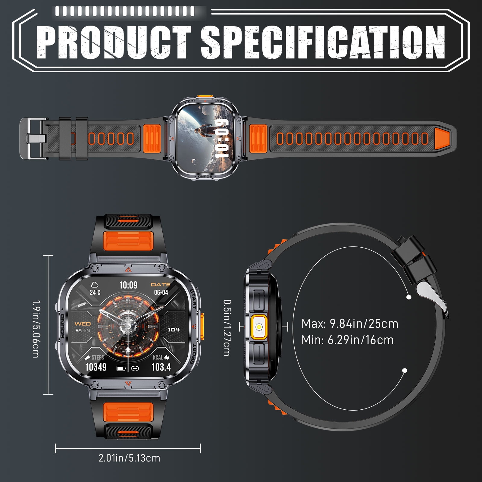 JELLOO NX23 2.0'' Large Horizontal HD Screen Smartwatches for Men (Answer/Make Calls), Smart Watch for iPhone and Android, Fitness Smartwatch with 100+ Sports Modes, Orange