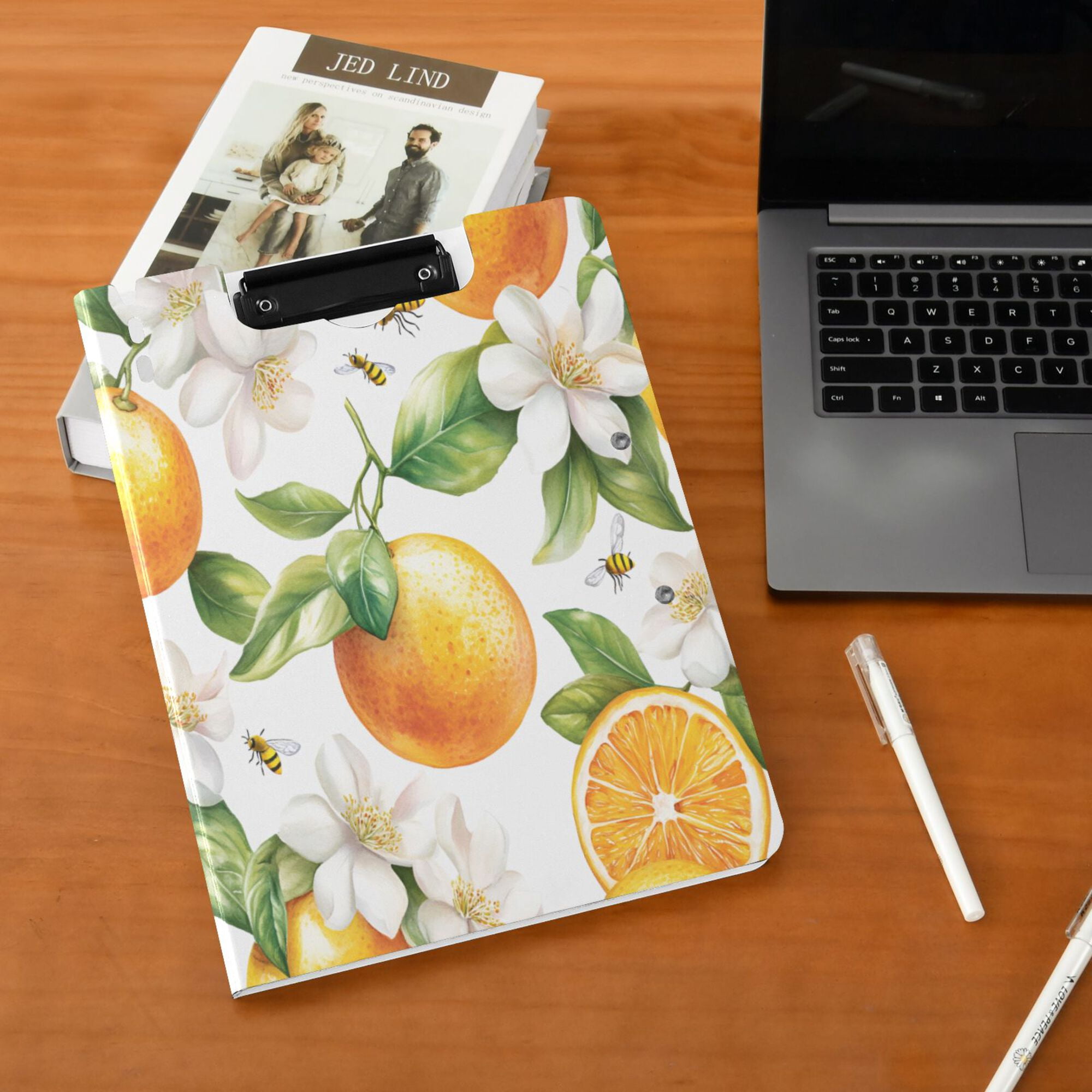 FORMRS A4 Clipboard Folder with Pen Holder Horizontal Foldable School Office Binder, Floral Watercolor Oranges