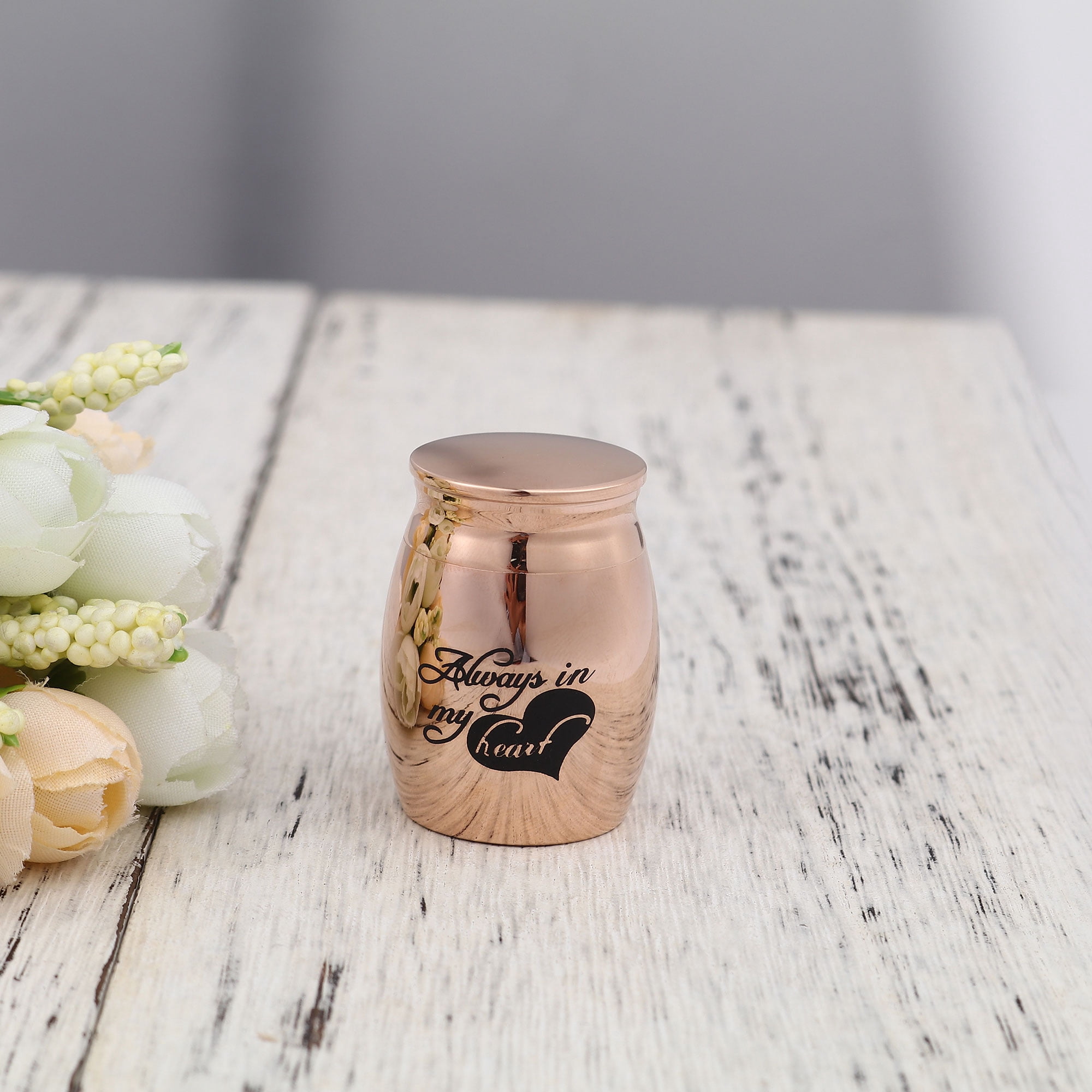 Always in my Heart Cremation Mini Urn, Small Memorial Urn Keepsake for Ashes, Memorial Urn for Pets, Mini Urn for Cremated Ashes, Memorial Ashes Urn [Always in my Heart, Rose Gold, No Engraving]