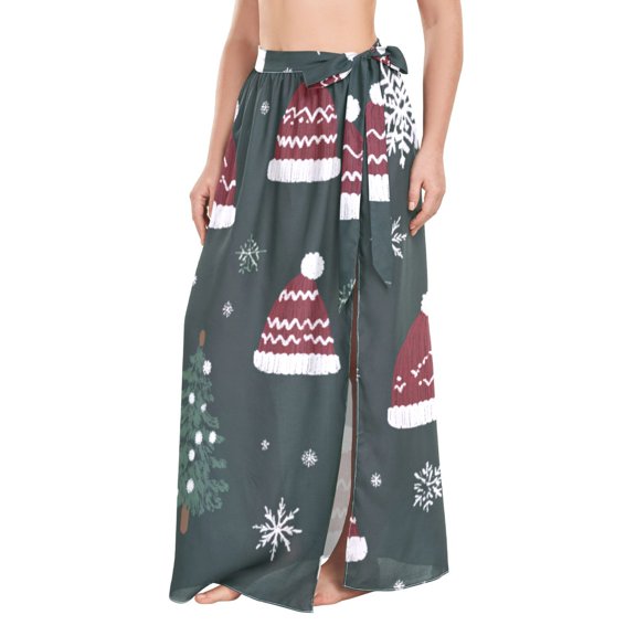 FORMRS Womens Long Sarong Beach Wrap Semi-Sheer Bikini Skirt Bathing Swimsuit Cover Up, Green Christmas Hats