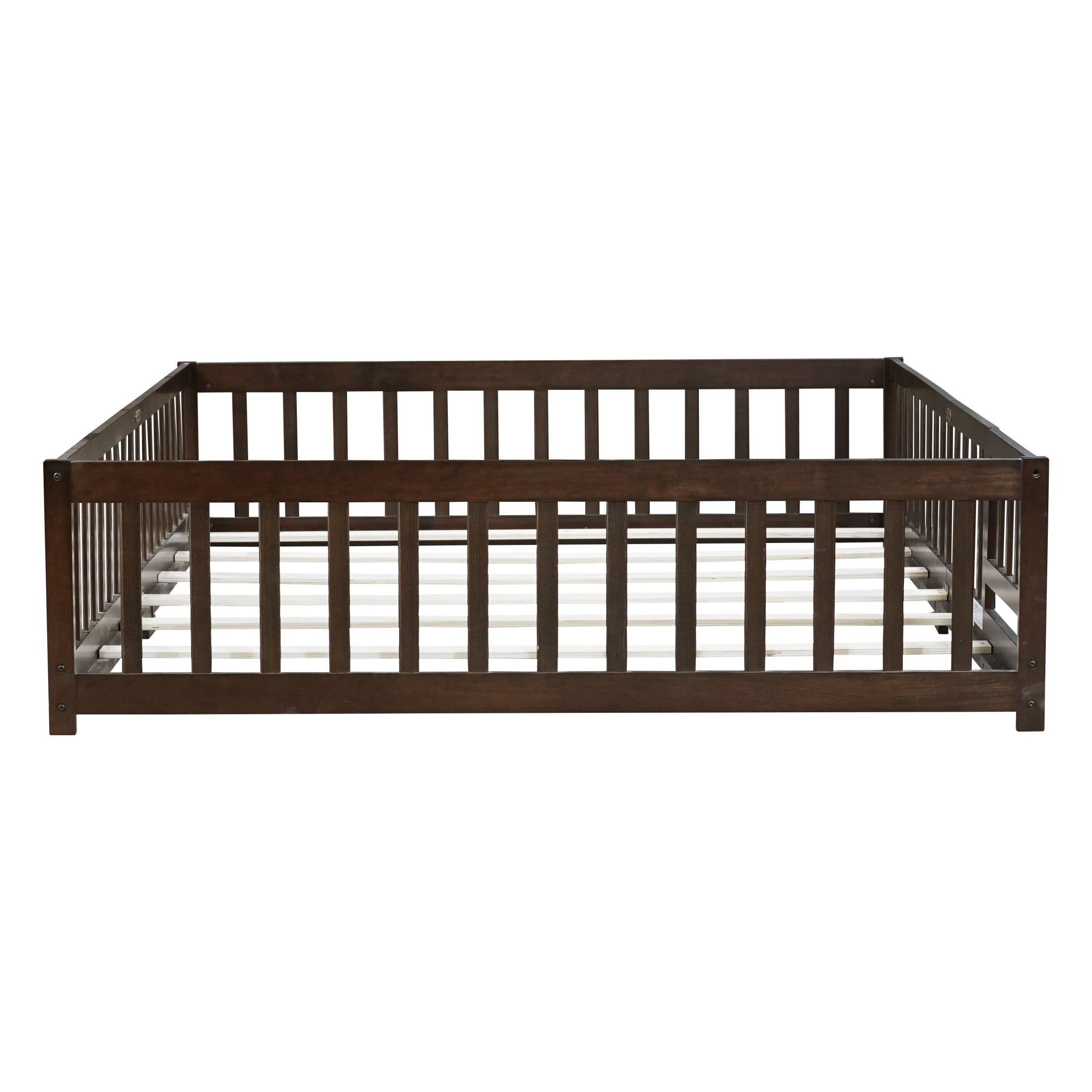 Noble House Corvel Queen Size Rubber Wooden Floor Bed with Safety Guardrails & Latching Fence Door, Espresso