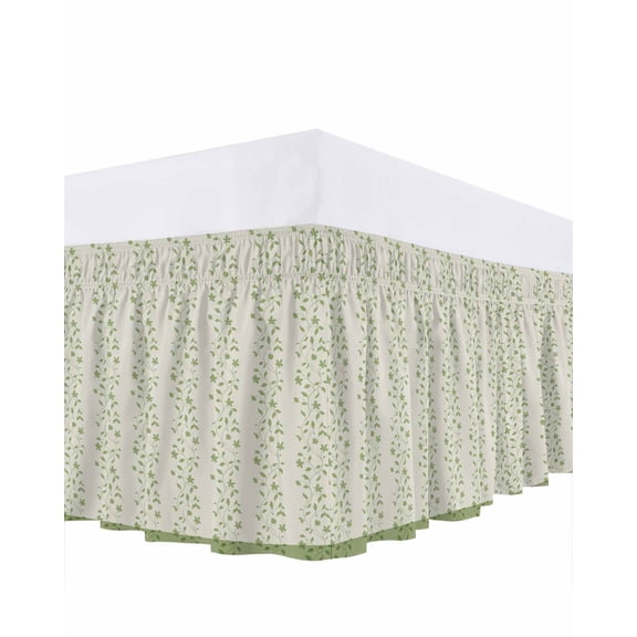 Spring Branches Bed Skirt Queen Size 16 Inch Drop, Grass Green Leaf Branch Plant Light Green Background Adjustable Elastic Dust Ruffles Bedskirt for Queen Bed Wrap Around Pleated Mattress Frame Cover