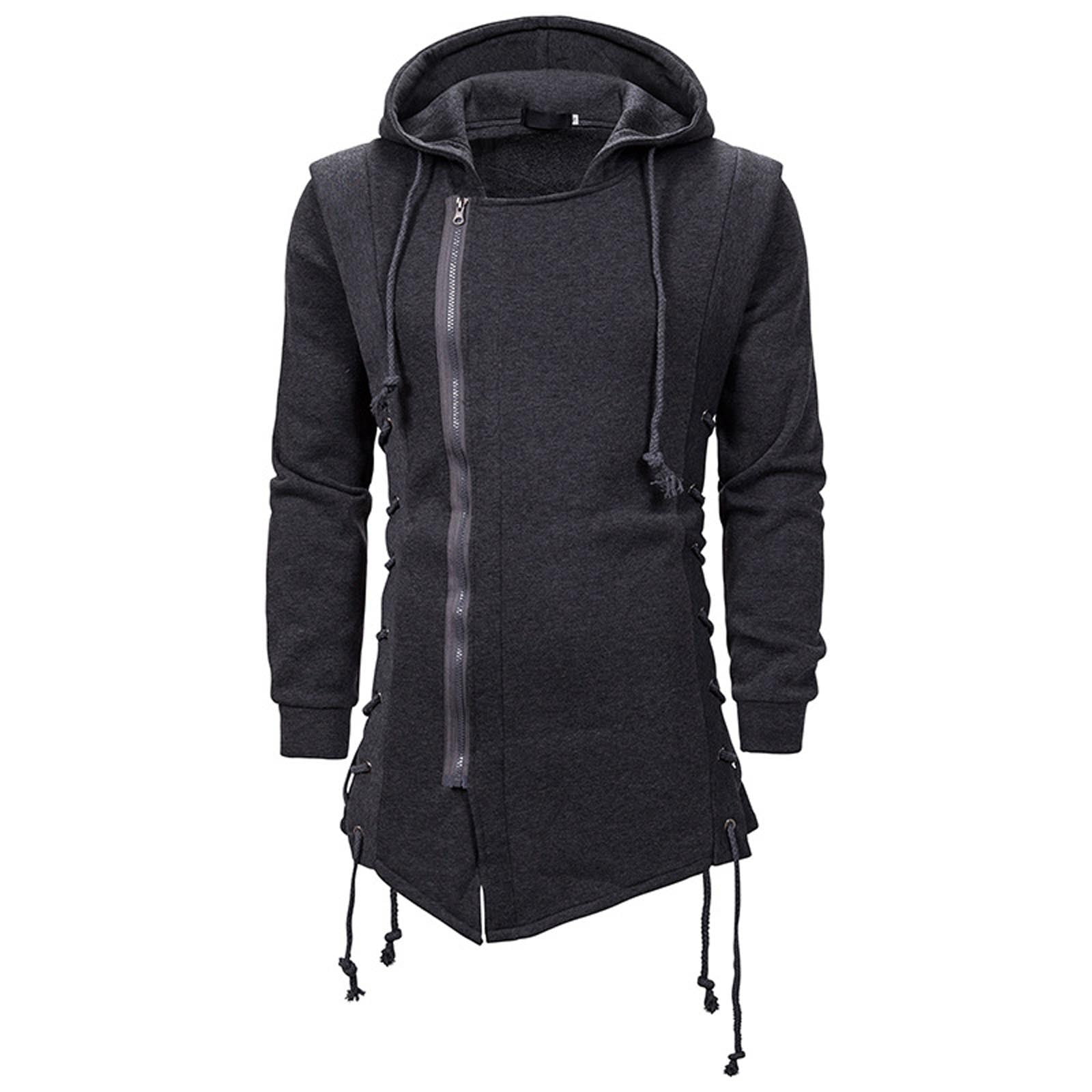 Men Gothic Zipper Hoodies,Fashion Side Lace Up Fleece Assassins Creed Hooded Sweatshirt Jacket Loose Halloween Outwear 
