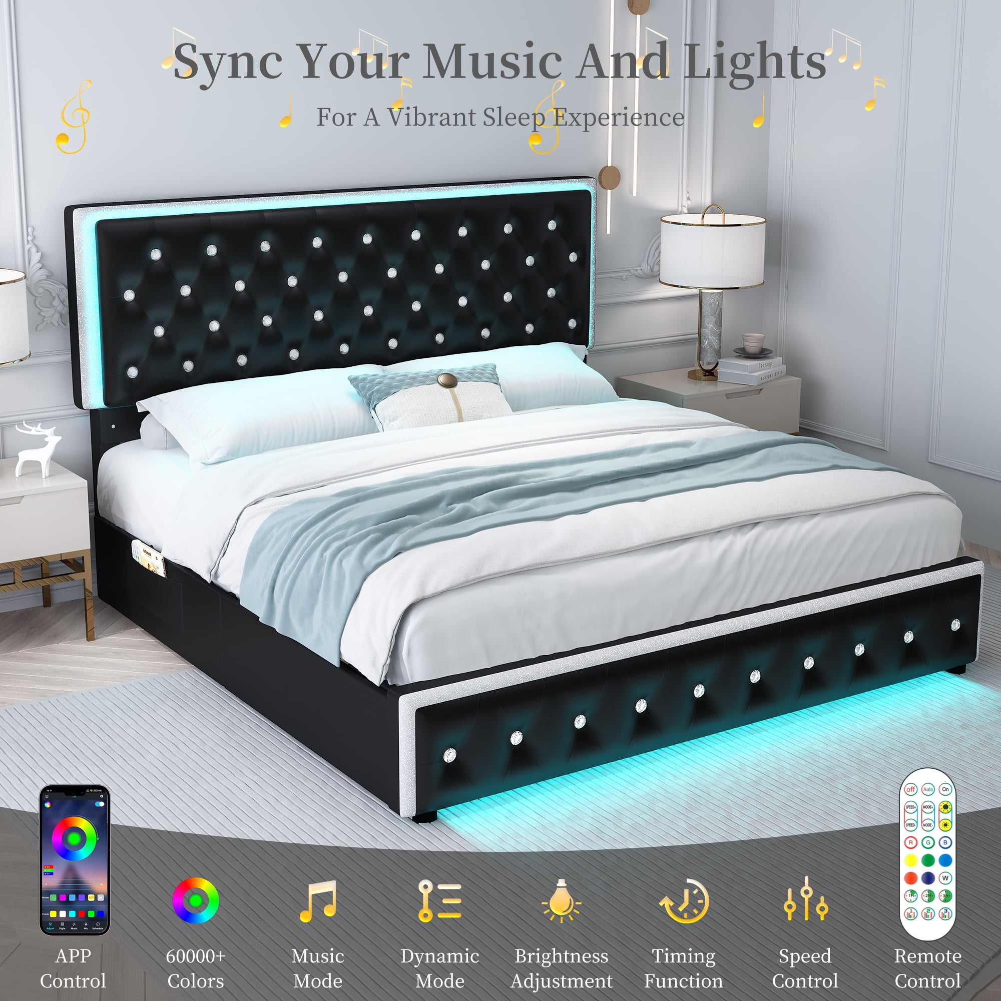 SIBEDS Queen Upholstered LED Bed Frame with 2 Storage Drawers, PU Leather Black Diamond Tufted Headboard, RGB Lights, Noise Free, No Box Spring Needed