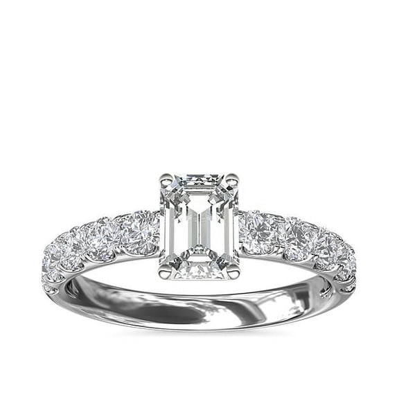 1.00 Carat Sparkle Solitaire with Accents Emerald Shaped Natural Diamond Wedding Ring for Ladies Solid 14K White Gold Size 7