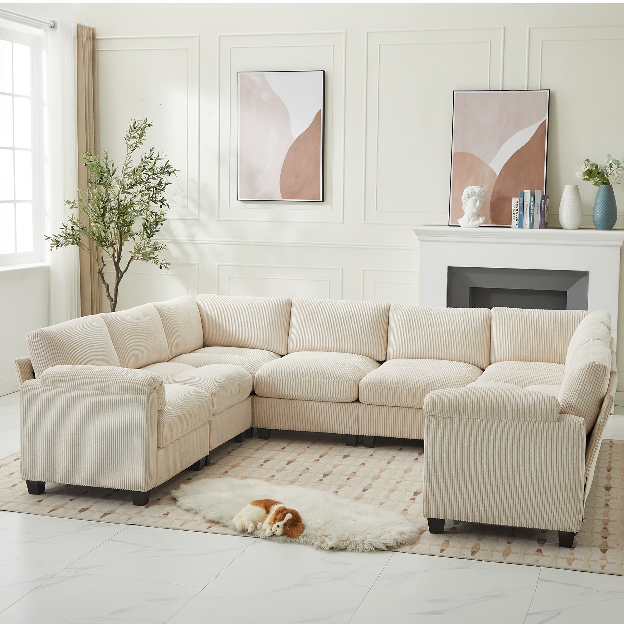 LOYALICE 115" Oversized Modular Corduroy Sectional Sofa, Pet-Scratch Resistant 8-Seat U Shaped with Corner Seat Cloud Couch, Chaise & Movable Ottoman for Living Room Home Office, Beige
