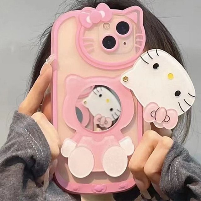 Sanrio-funda transparente de Hello Kitty para iPhone, carcasa a prueba de golpes con espejo cosmético de dibujos animados, para modelos 14, 13, 11, 12 Pro Max, X, XS, XR, 7, 8 Plus, Y2K Fivean unisex
