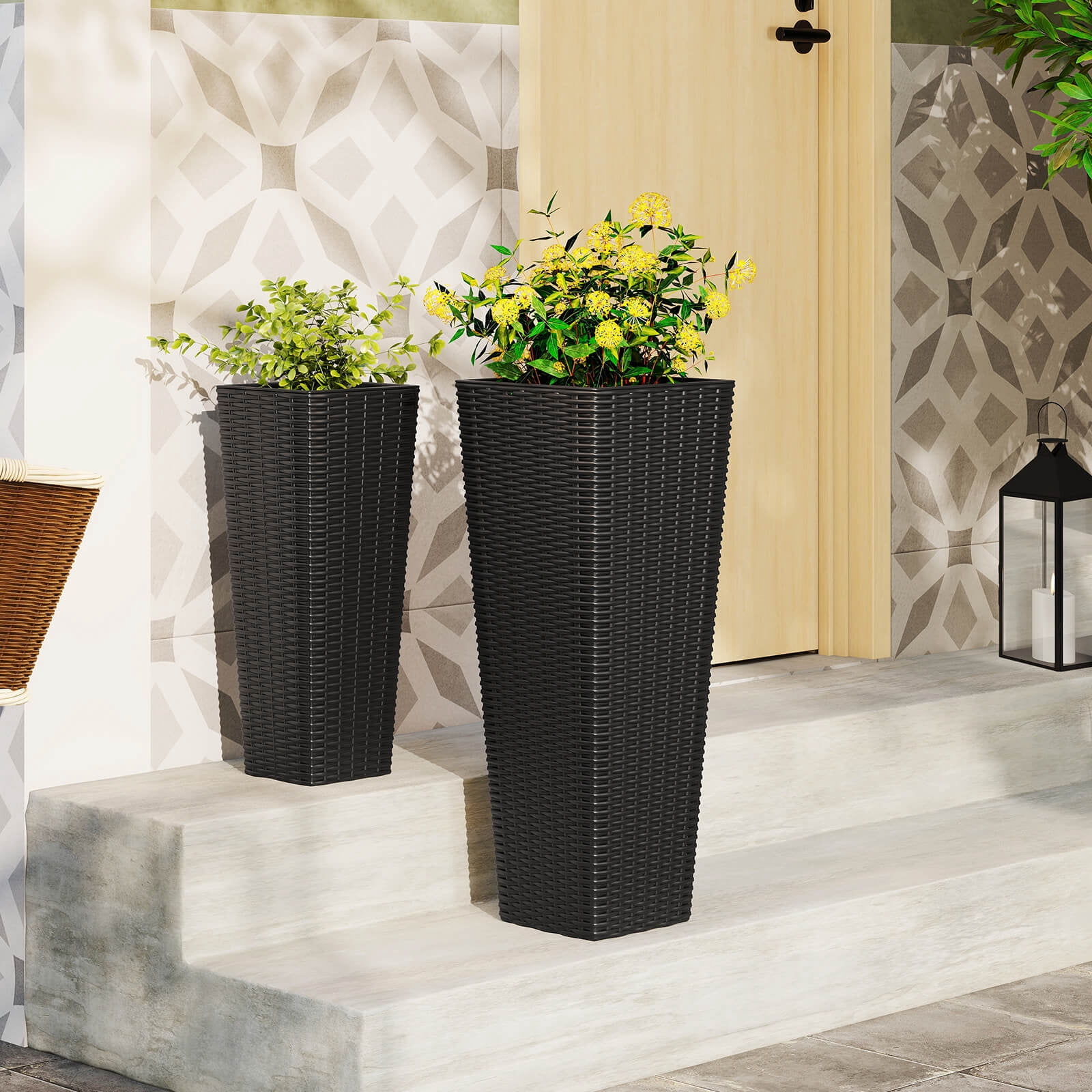Costway Rattan Tall Planter Set of 2 with Removable Inner Trays, Drainage Holes for Garden Black