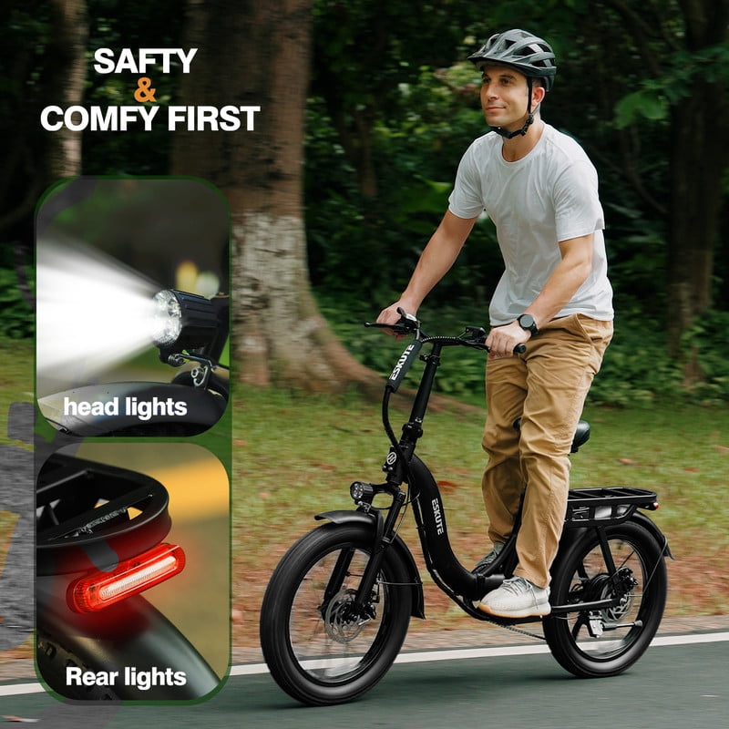 ESKUTE D200 Electric Bike for Adults Teens Students, 750W Peak Motor 28 Mph, 48V 10.4Ah Up to 55 Miles, with 7‑Speed Step‑Through Cargo Fold E Bicycle, NFC Unlock, Black with Front Basket, UL2849
