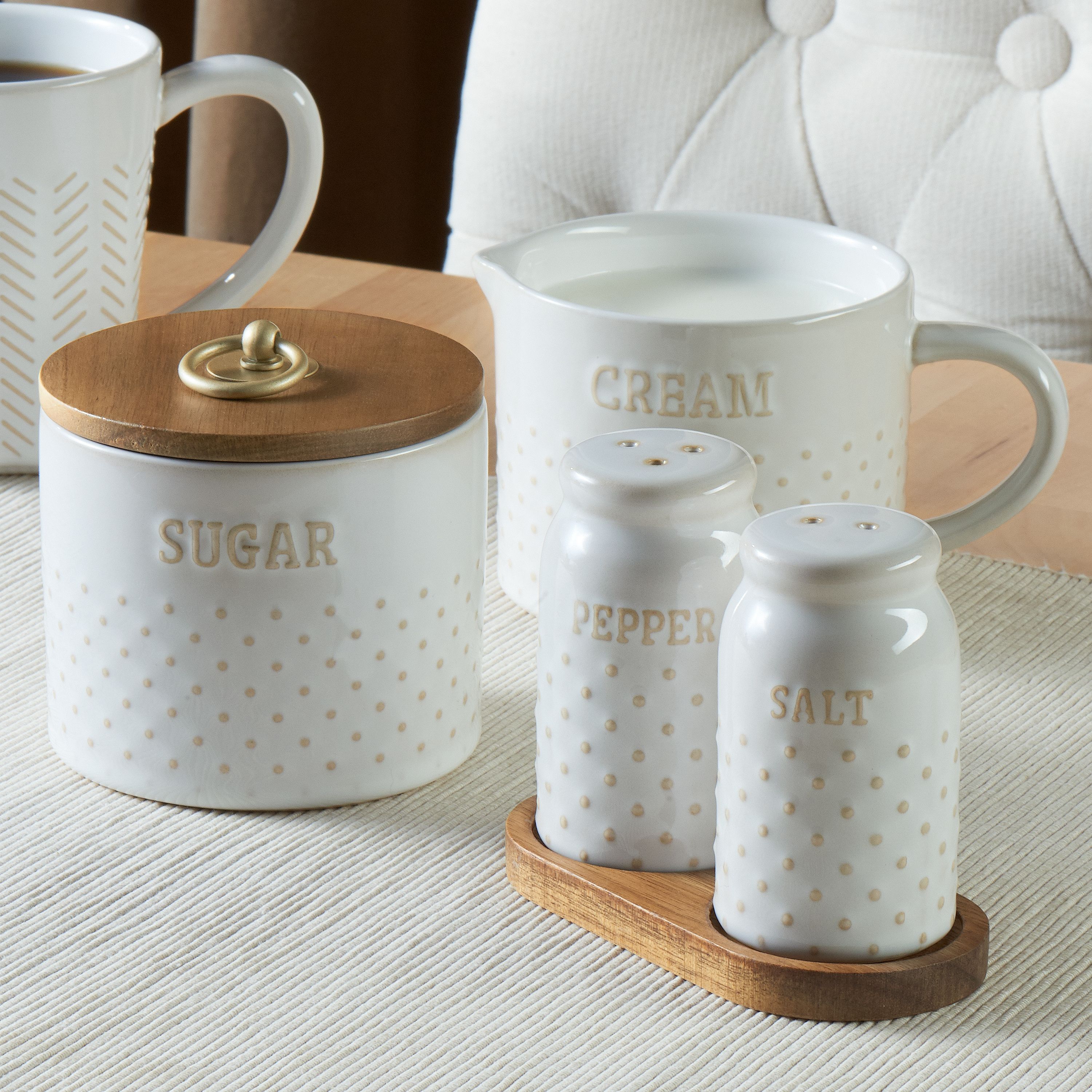 Better Homes & Gardens Farmhouse 4-Piece Dotted Sugar Cannister, Creamer, and Salt and Pepper Shaker Set in White - image 2 of 6