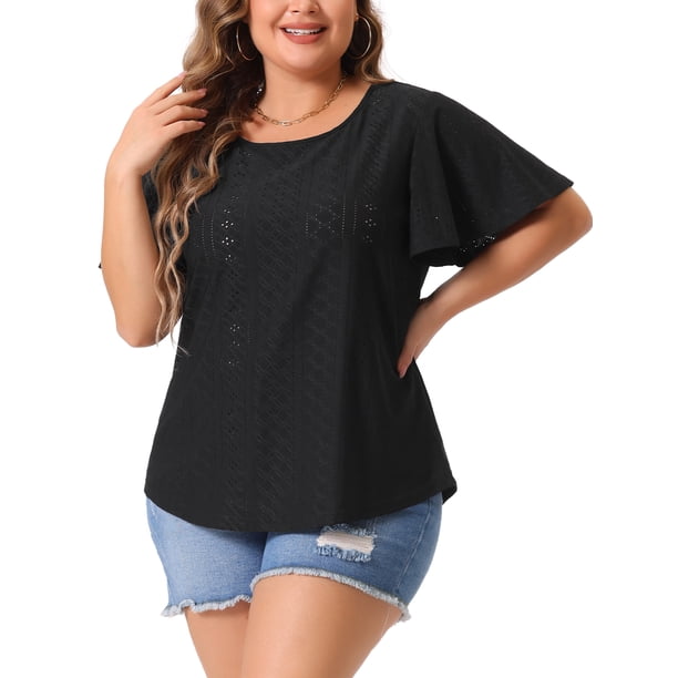 Camiseta de mujer de talla grande Agnes Orinda, con cuello redondo, ajuste holgado, mangas con volantes, blusas casuales de verano, 4X, negra