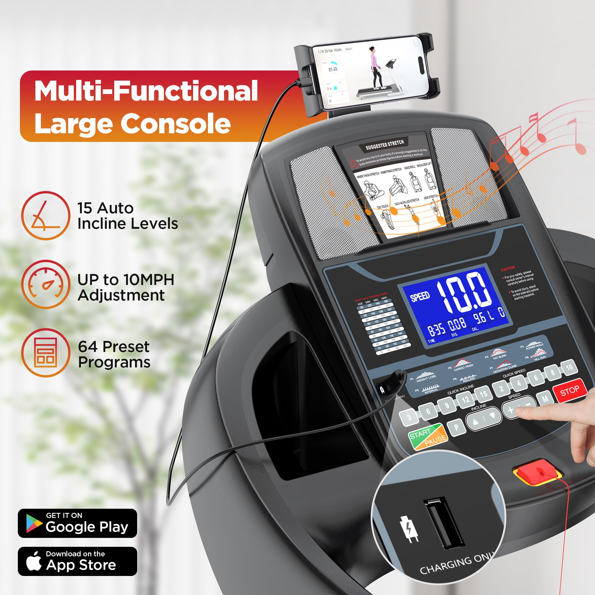 Foldable Treadmill with 4.5HP Quiet Motor, 15-Level Auto Incline, Bluetooth APP Control, 64 Preset Programs, Shock Absorbing Deck,  300 LBS Capacity for Home Use