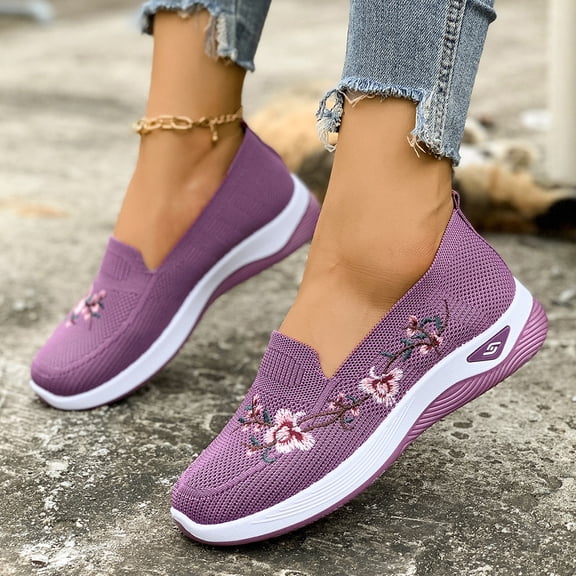 YOUYEDIAN Orthopedic Shoes for Women Arch Support Sneakers Breathable Non Slip Slip on Walking Shoes Knitted Mesh Stretch Comfort 2026 Foam Shoes (Purple)