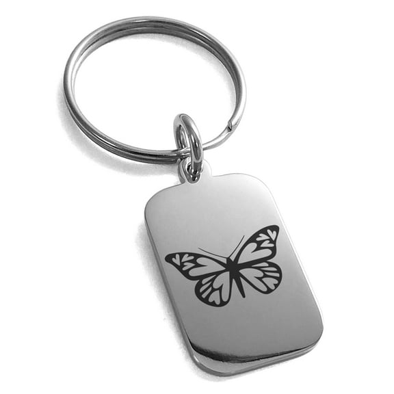Tioneer Stainless Steel Love Butterfly Engraved Small Rectangle Dog Tag Charm Keychain Keyring