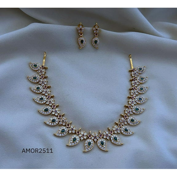 Gold Plated South Indian Pakistani Bollywood Choker Necklace & Earring Set - Pearl Jewelry with Ruby & Green Stones, Antique Short Leaf Necklace