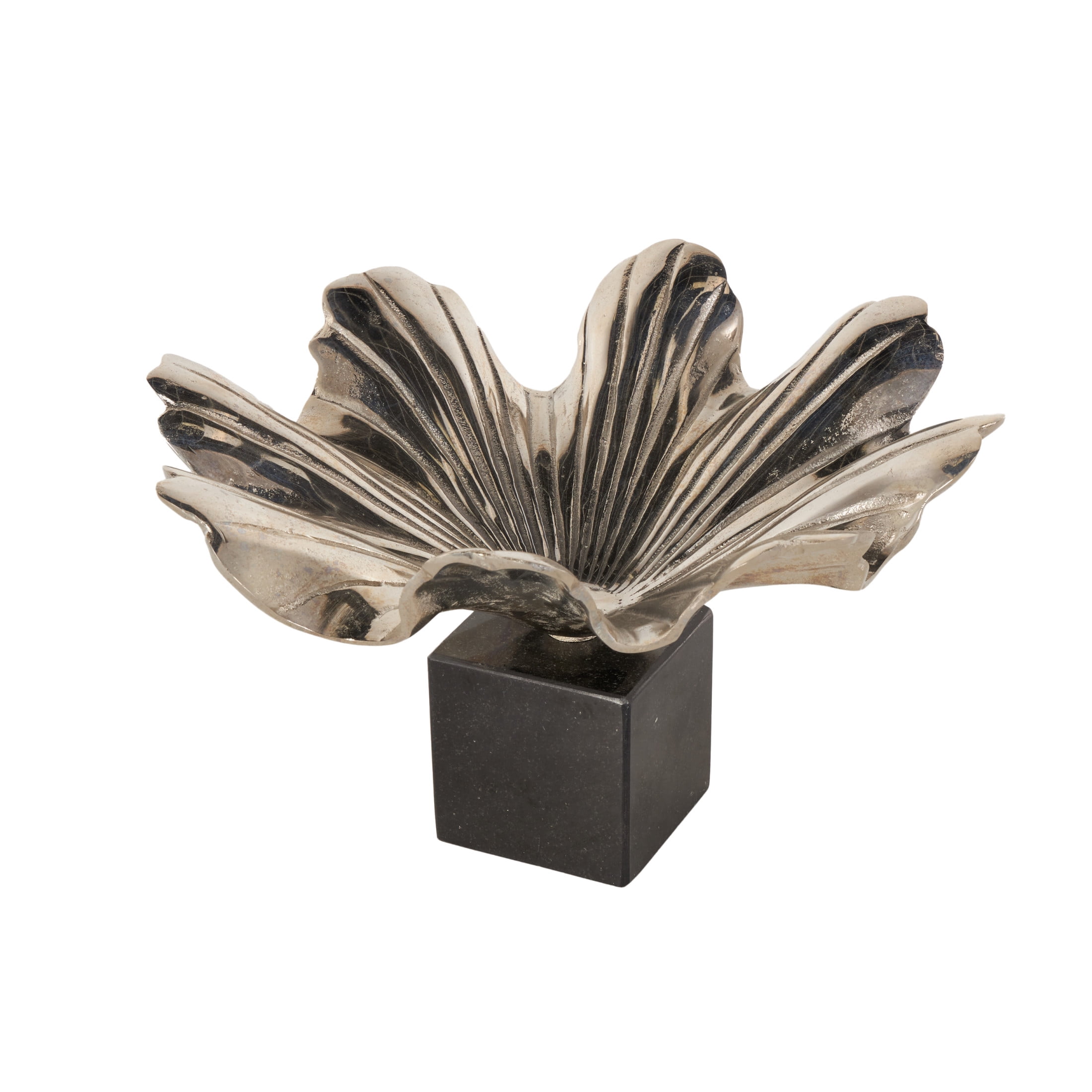 DecMode 15" Square Floral Silver Aluminum Metal Decorative Bowl with Black Marble Base