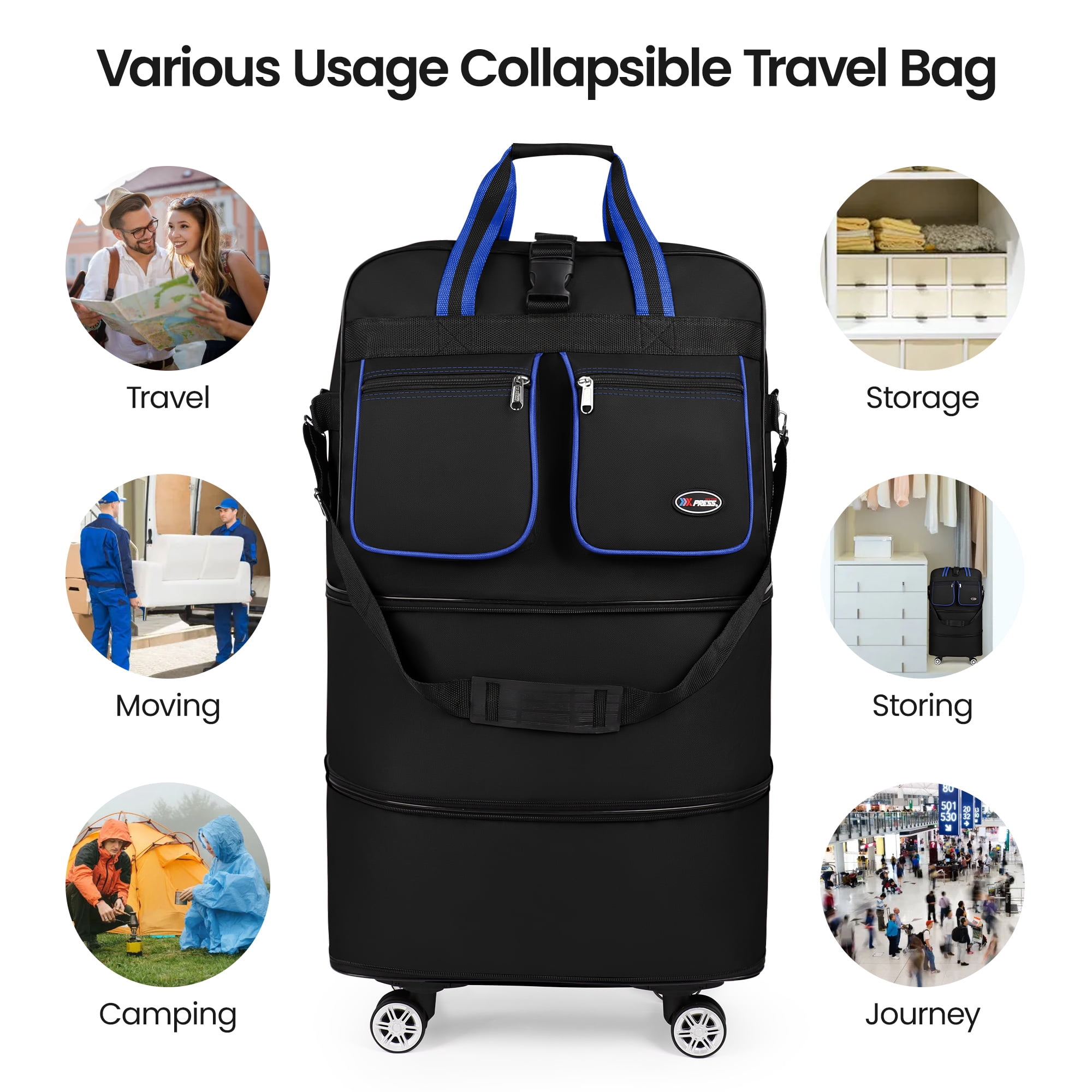 30" Expandable Foldable Luggage Bag,Collapsible Suitcases with Wheels,Lightweight Rolling Duffle Bag for Travel, Moving, Home Storage, Blue/Trim, MEX