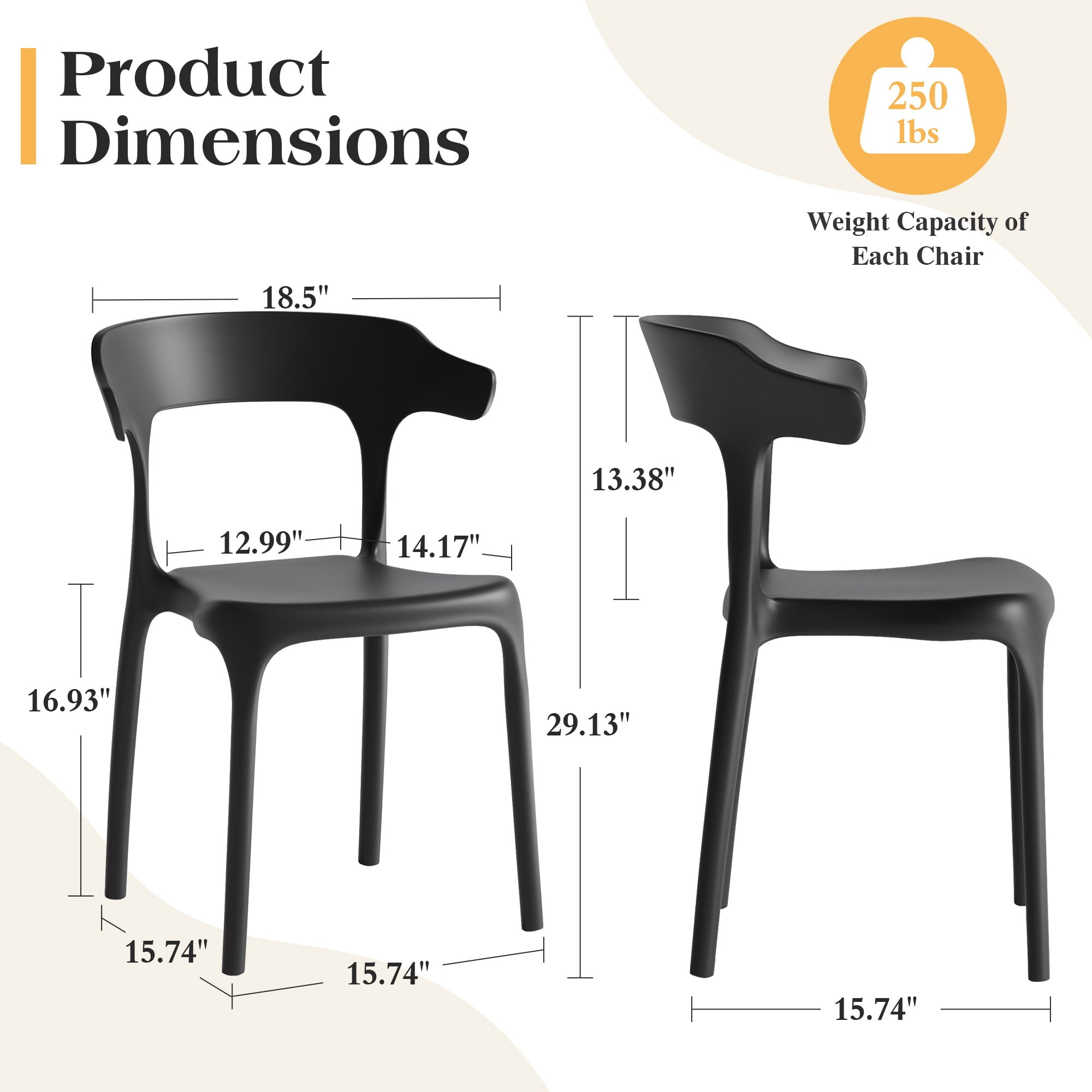 VECELO Stackable Patio Dining Chair Set of 4, Outdoor/Indoor Dining Chairs for Restaurant, Poolside and Garden, No Assembly, Black