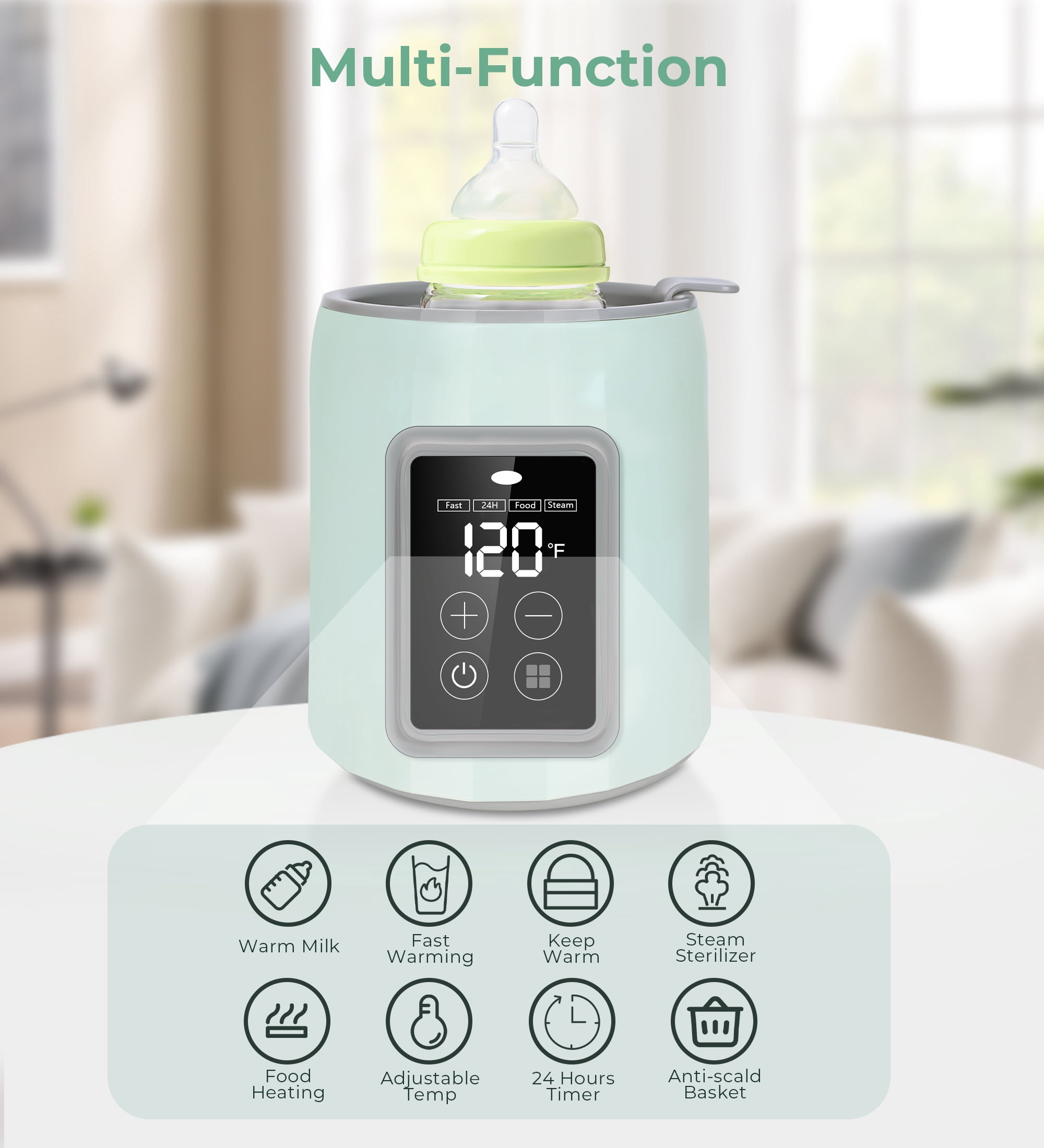 RUPOUN Bottle Warmer, 4 in 1 Fast Baby Milk Portable Warmer with Timer and Temperature Control for Breastmilk or Formula, with Defrost, Sterilizer, Keep, Heat Food, Green